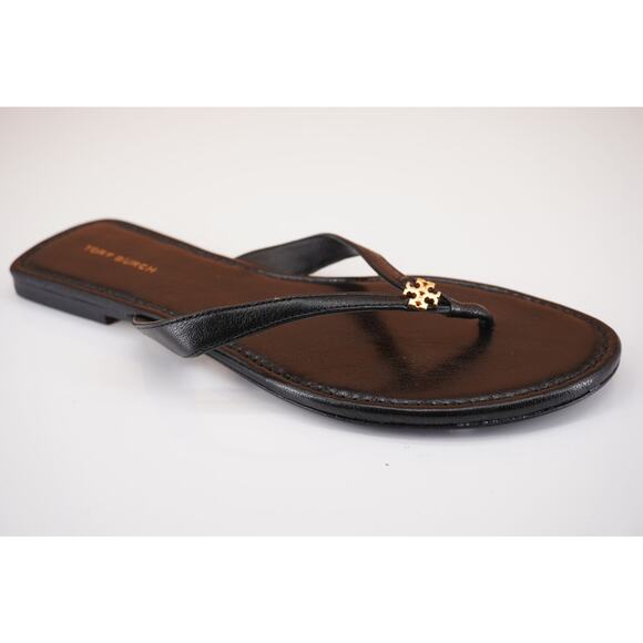 Tory Burch Capri Logo Thong Classic Flip Flop Sandal Size 7 Black Leather $176 - Picture 1 of 11